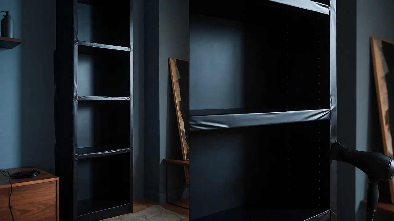 Étagère rénovée avec un film adhésif noir mat dans un intérieur moderne