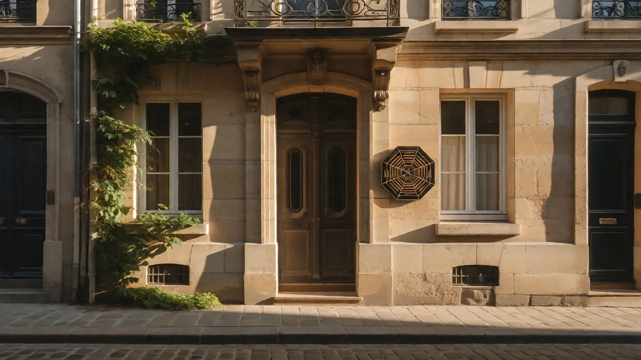 Façade de maison à Bordeaux avec miroir Bagua discret et végétation