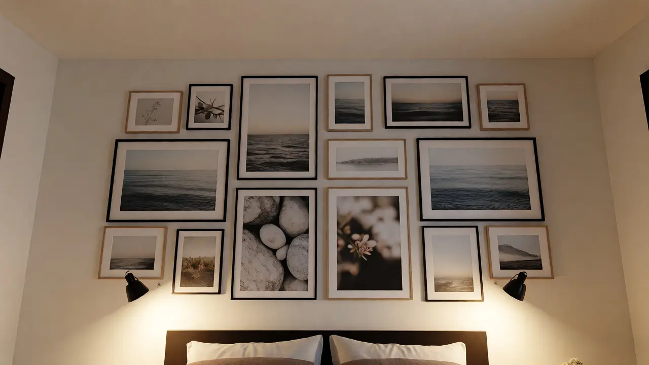Galerie murale équilibrée au-dessus d'un lit, éclairage chaud indirect