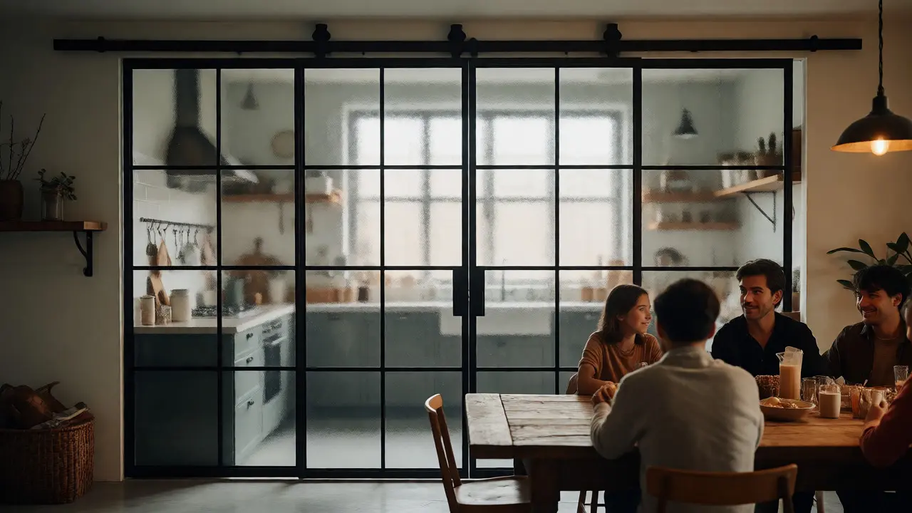 Grande porte vitrée coulissante séparant cuisine et salle à manger