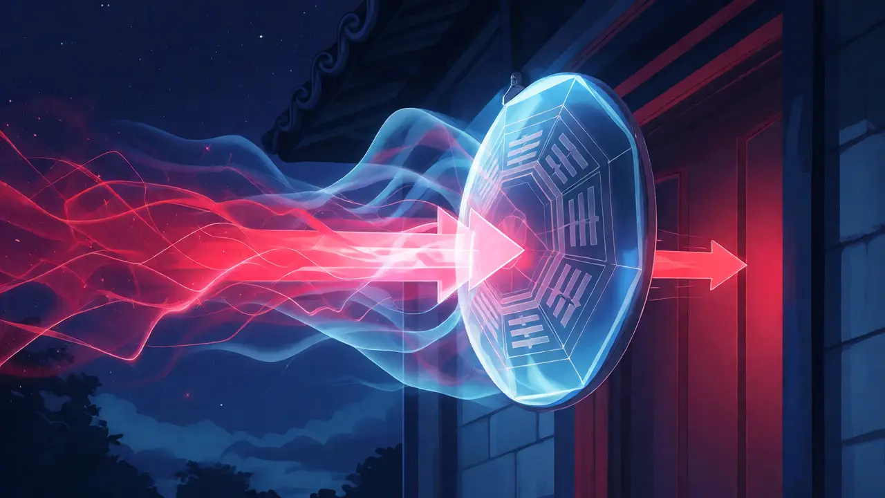 Illustration conceptuelle de l'énergie Sha Qi dispersée par un miroir convexe