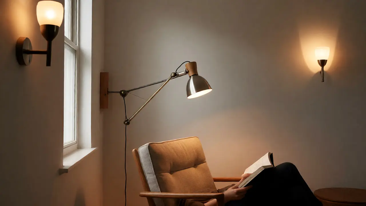 Lampe de lecture murale orientable éclairant un fauteuil dans un coin salon chaleureux.