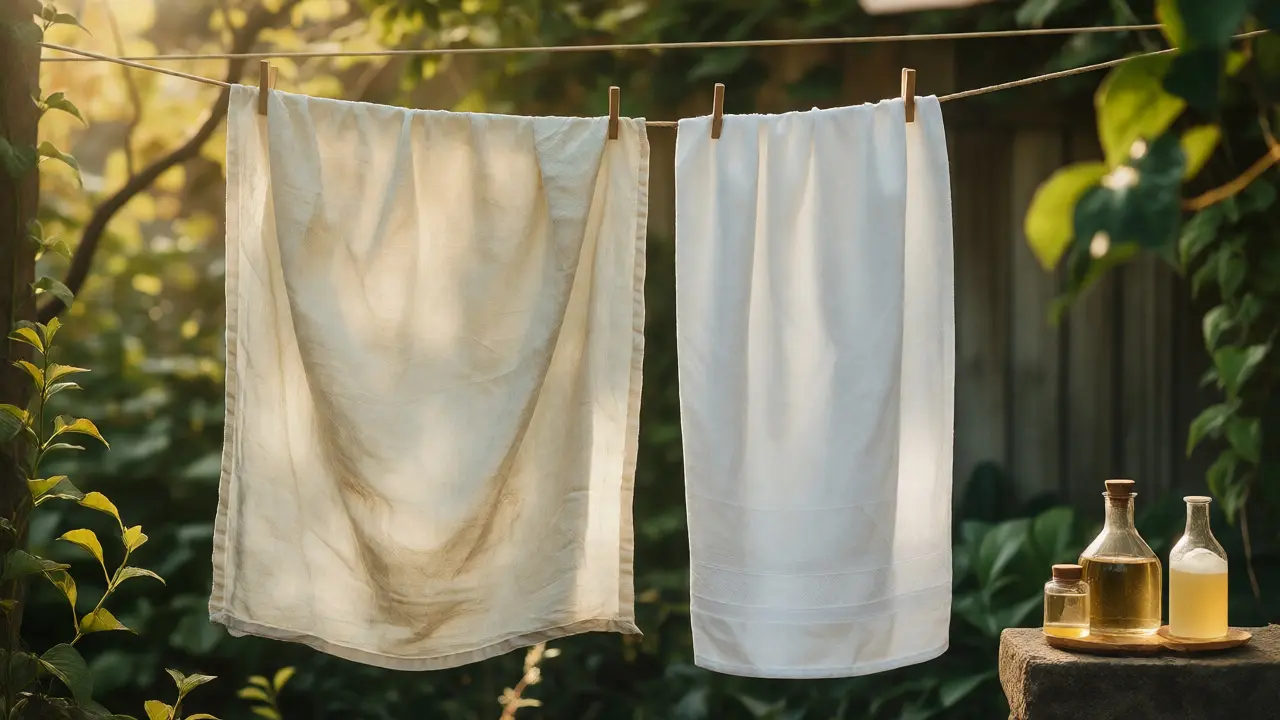 Linge séchant au soleil : un drap en lin vieilli à côté d'une serviette en coton neuve.
