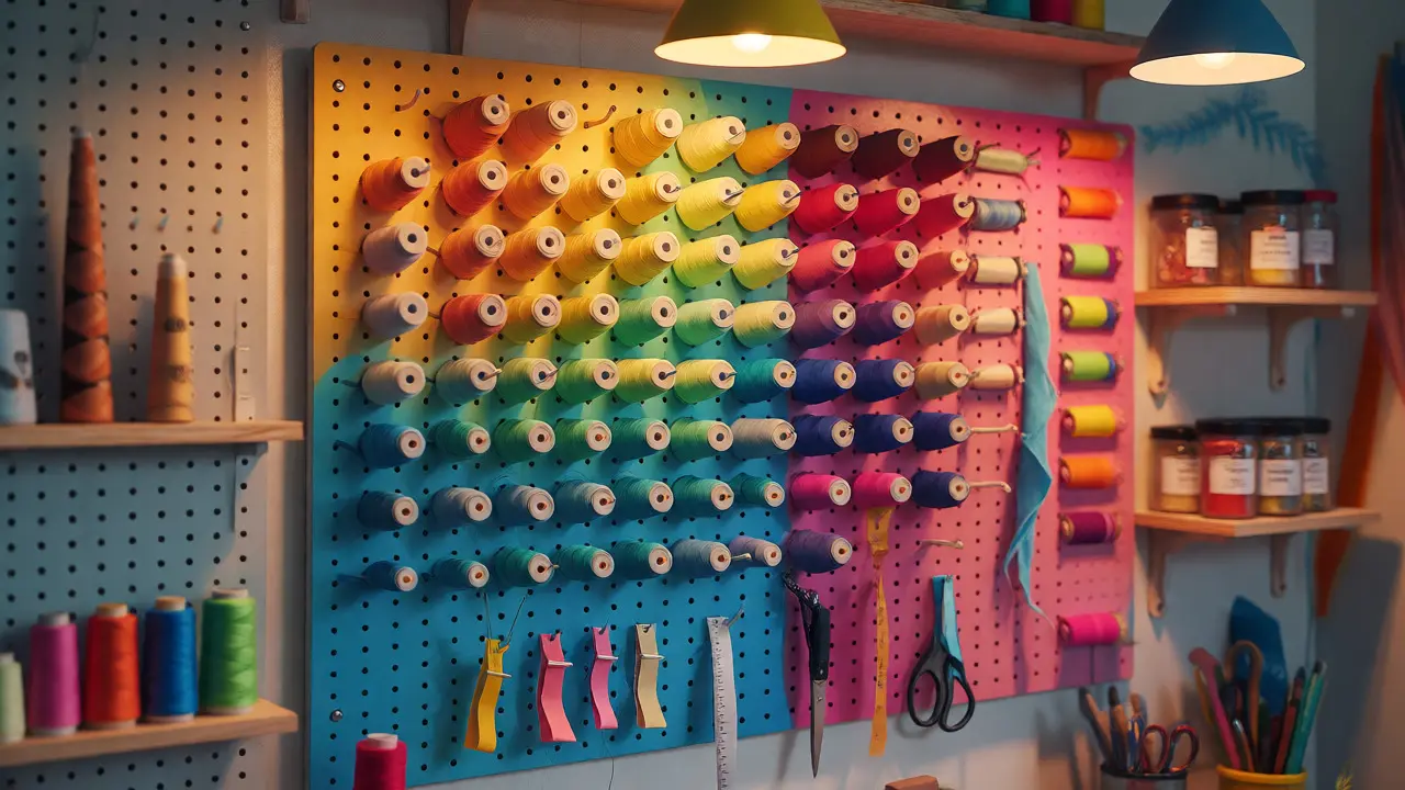Mur de bobines de fil colorées sur un panneau perforé dans un atelier créatif lumineux.