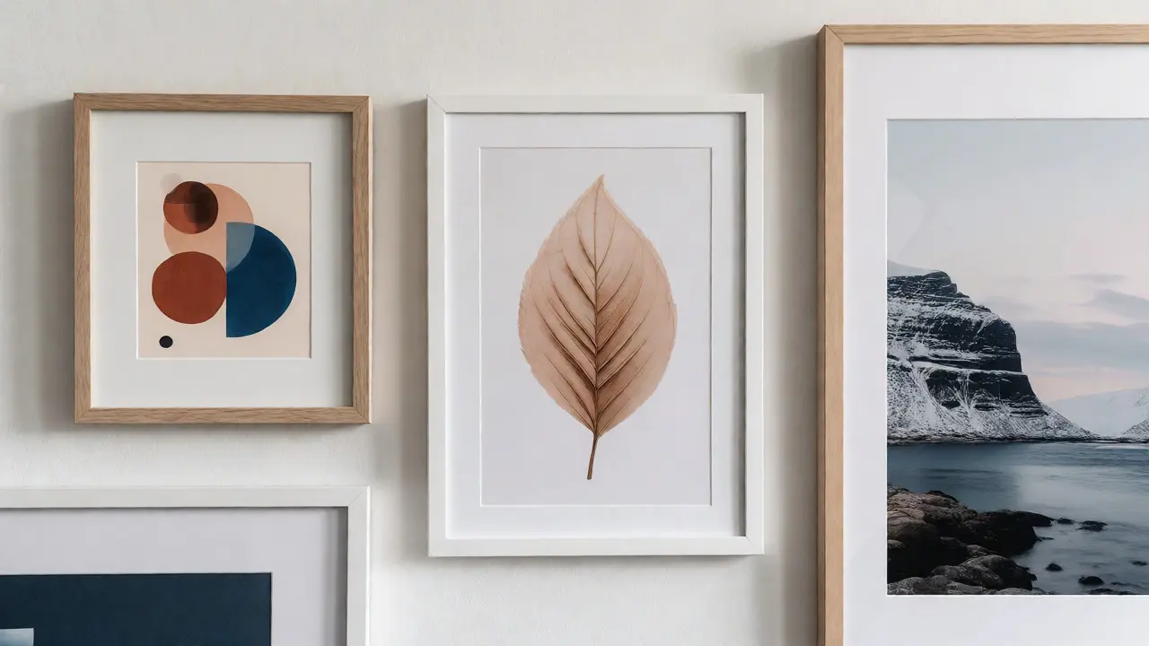 Mur galerie minimaliste avec affiches géométriques et botaniques