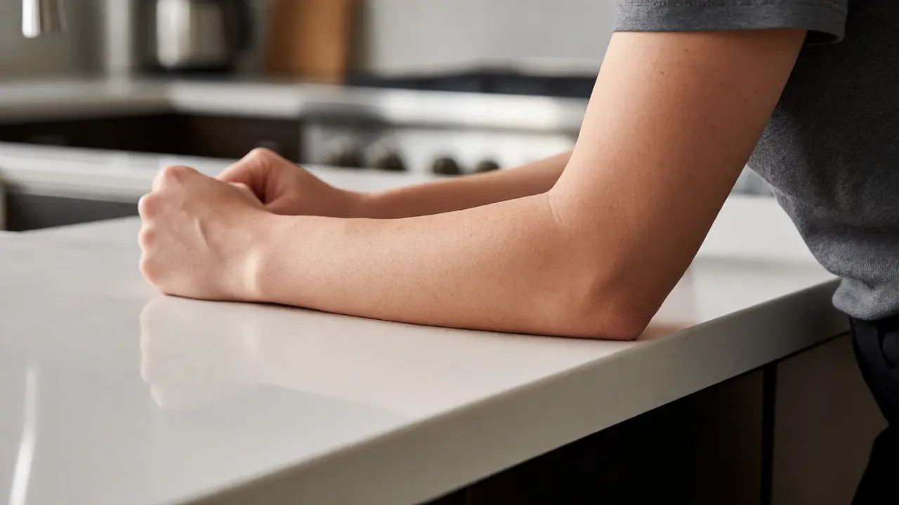 Personne debout devant un plan de travail de cuisine montrant l'alignement des coudes à 90 degrés.