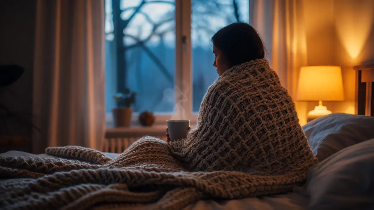 Personne enveloppée dans une couverture en laine épaisse dans une chambre chaleureuse au matin.