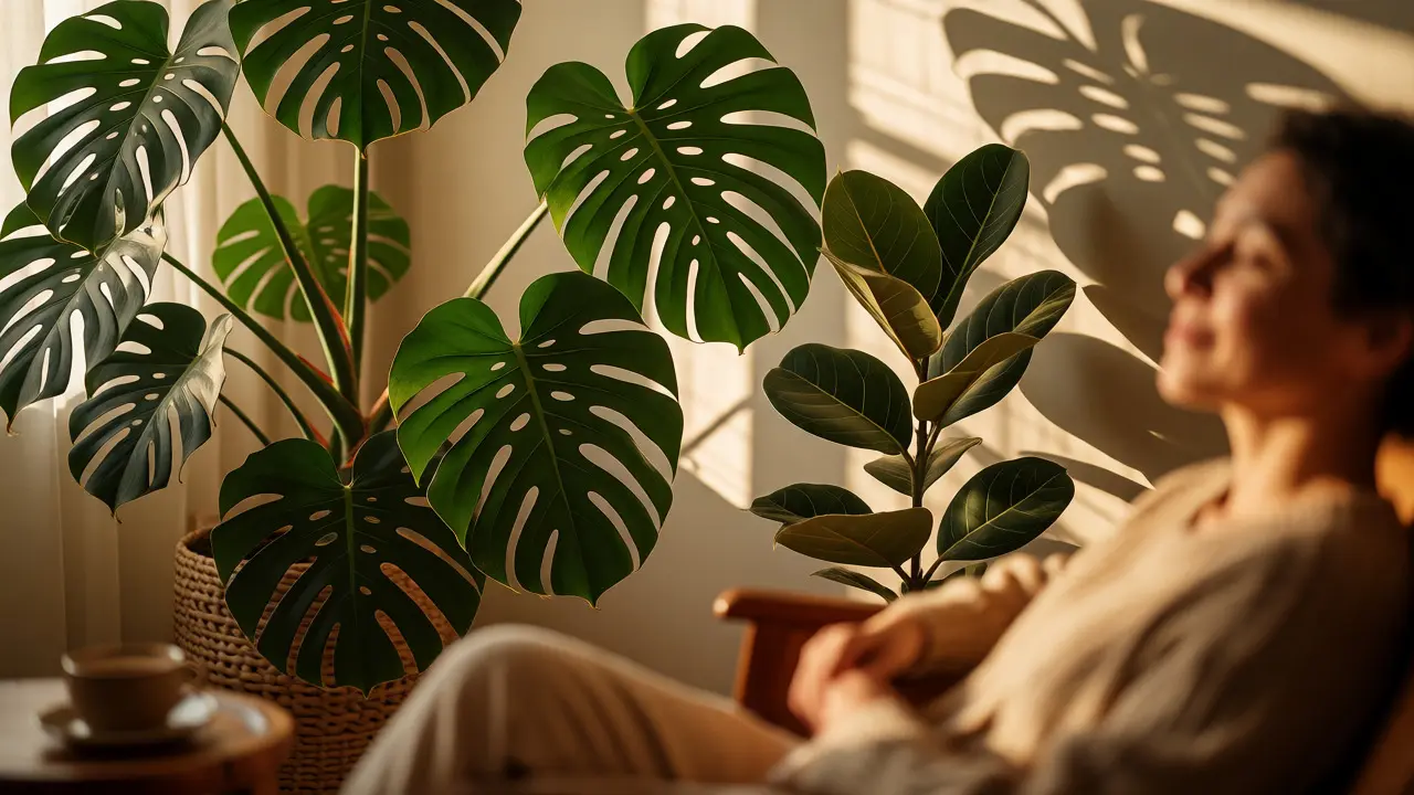 Personne se détendant à côté de plantes d'intérieur luxuriantes