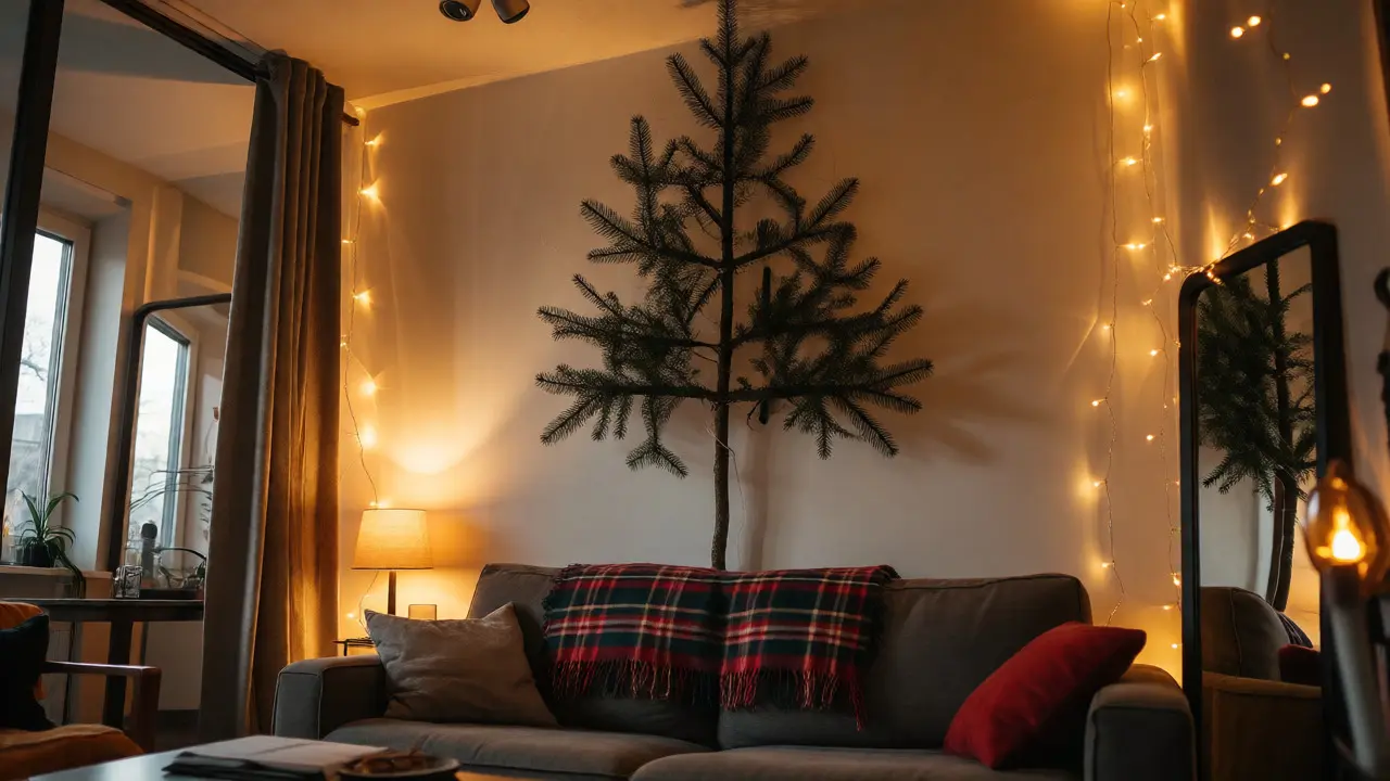 Petit salon décoré avec un sapin mural et miroirs pour agrandir l'espace