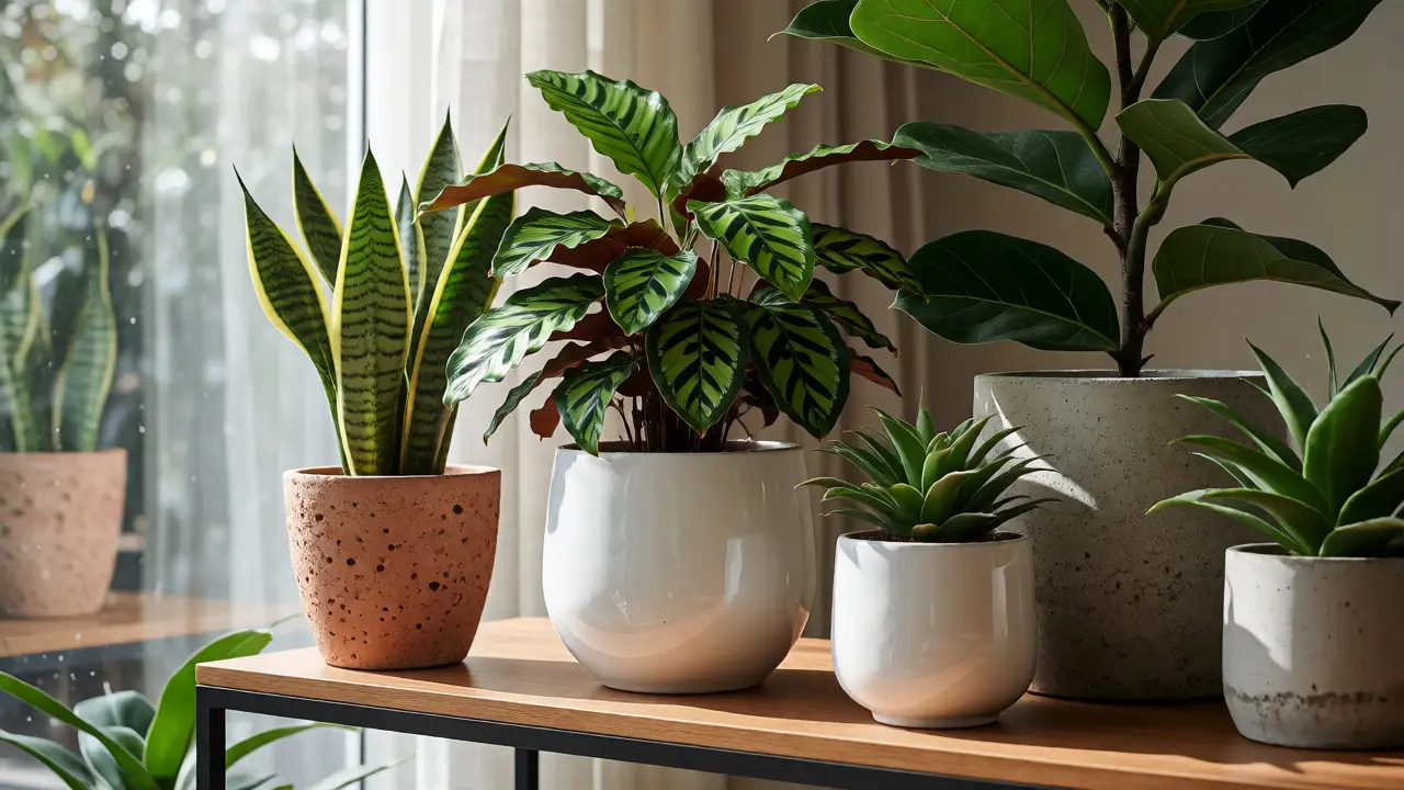 Plantes d'intérieur variées dans des pots en terre cuite, céramique et béton sur une étagère lumineuse.