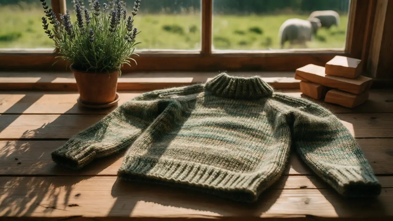 Pull en laine posé à plat avec lavande et cèdre dans une lumière naturelle
