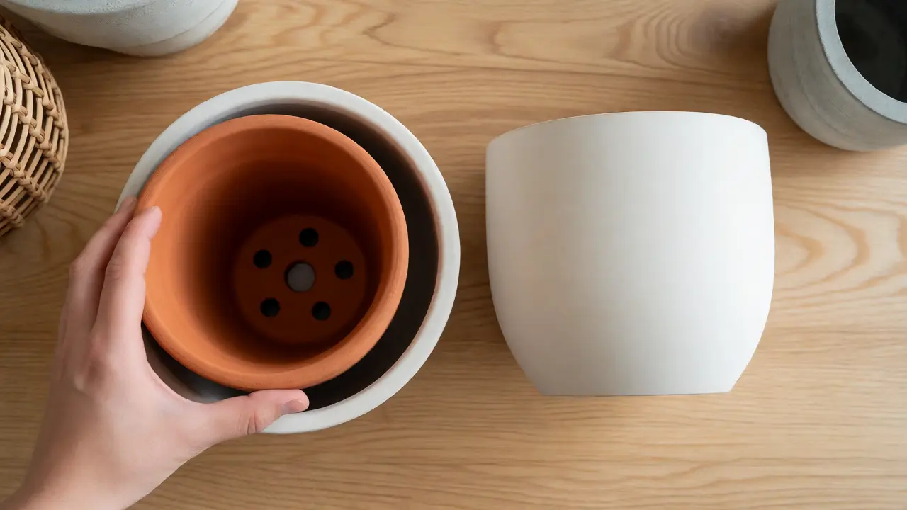 Retrait d'un pot de culture d'un cache-pot blanc
