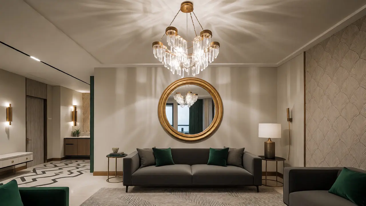Salon moderne élégant intégrant un miroir doré rond, motifs géométriques et éclairage stratifié.