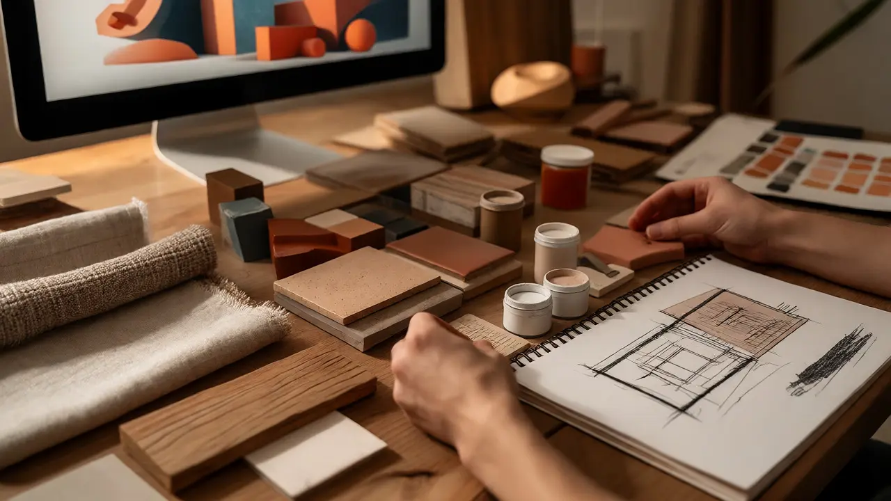 Sélection de matériaux et échantillons sur un bureau pour la création d'un moodboard