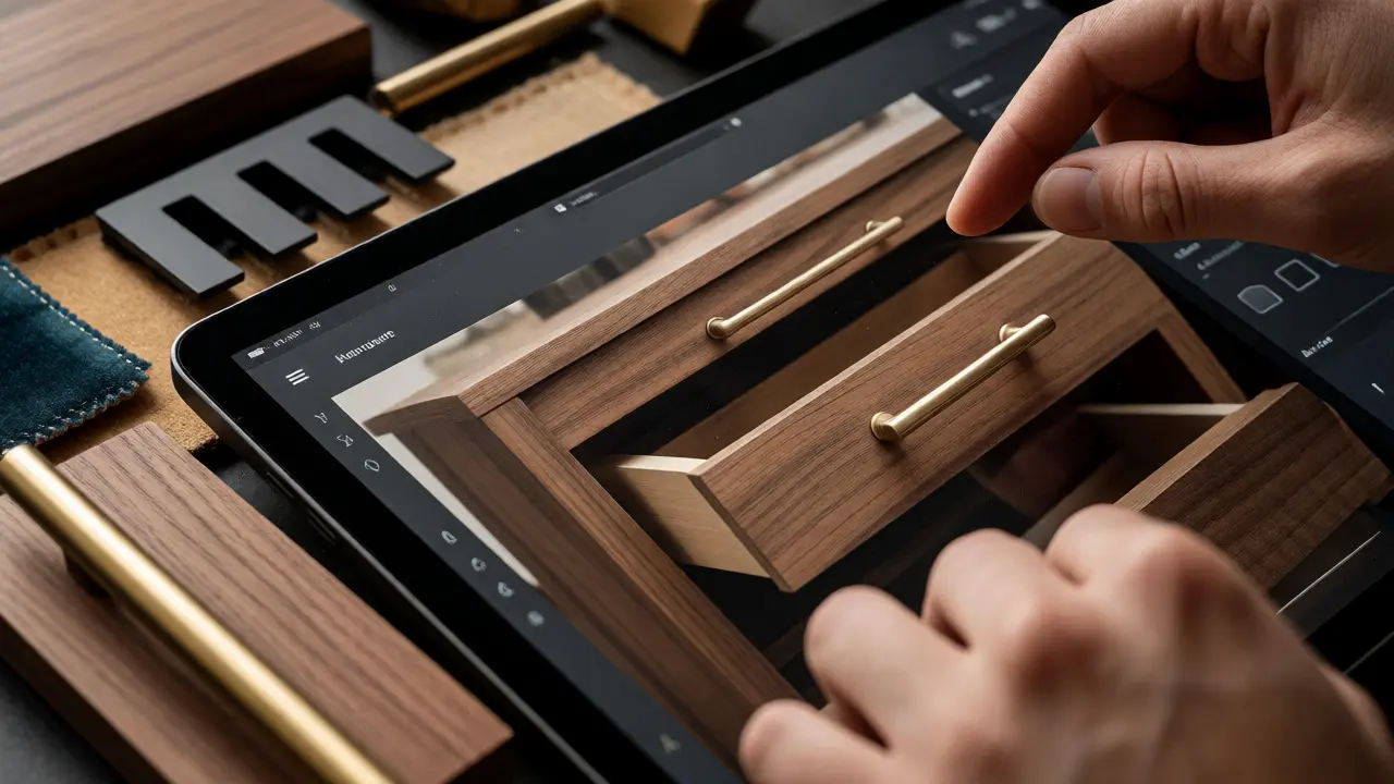 Sélection de matériaux et finitions sur une tablette entourée d'échantillons physiques.
