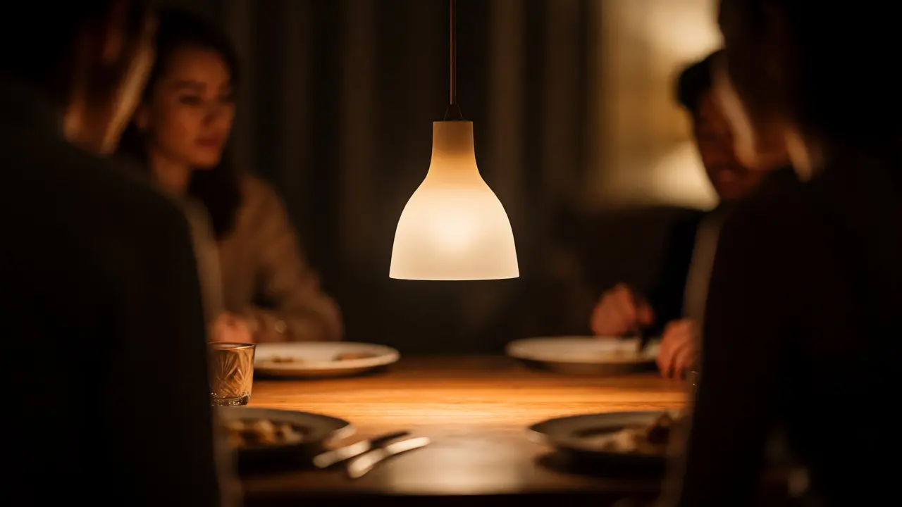 Suspension lumineuse positionnée à environ 75 cm au-dessus d'une table à manger pour une ambiance intime.