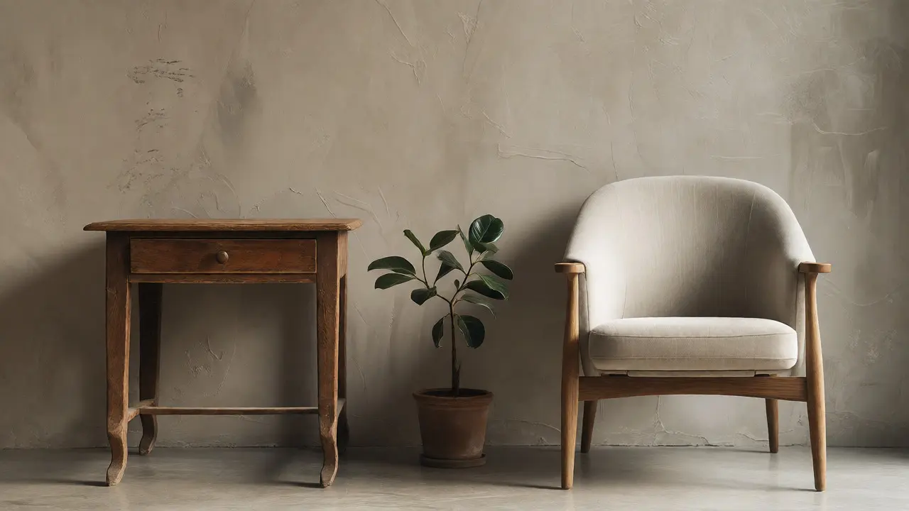 Table basse vintage restaurée juxtaposée à un fauteuil moderne minimaliste