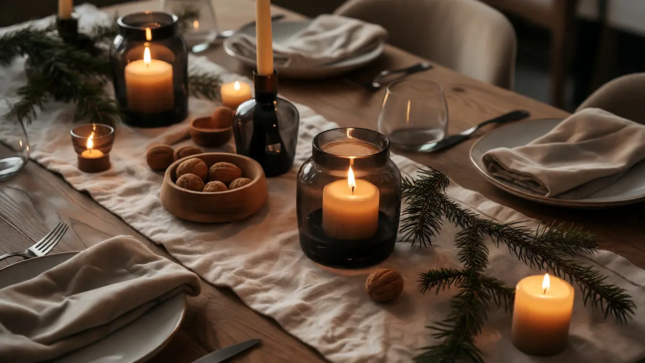 Table de Noël élégante avec linge en lin, bougies et branches de sapin