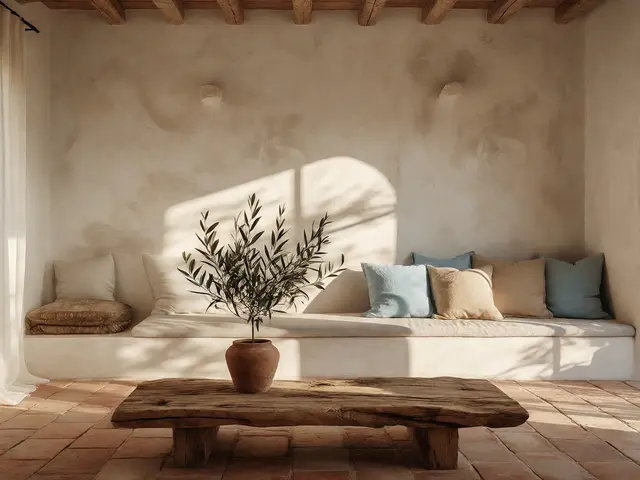 Décoration méditerranéenne : blanc, pierre et bleu azur en intérieur