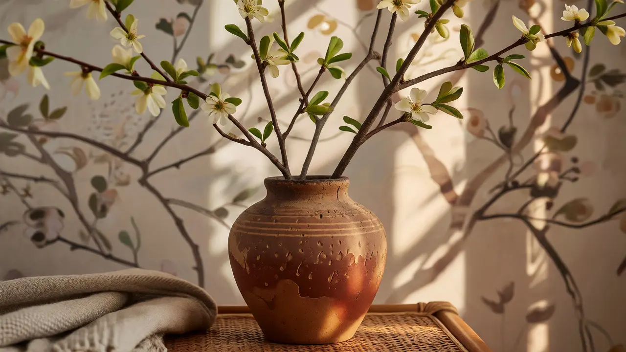 Vase en terre cuite contenant des branches fleuries devant un papier peint botanique délicat.