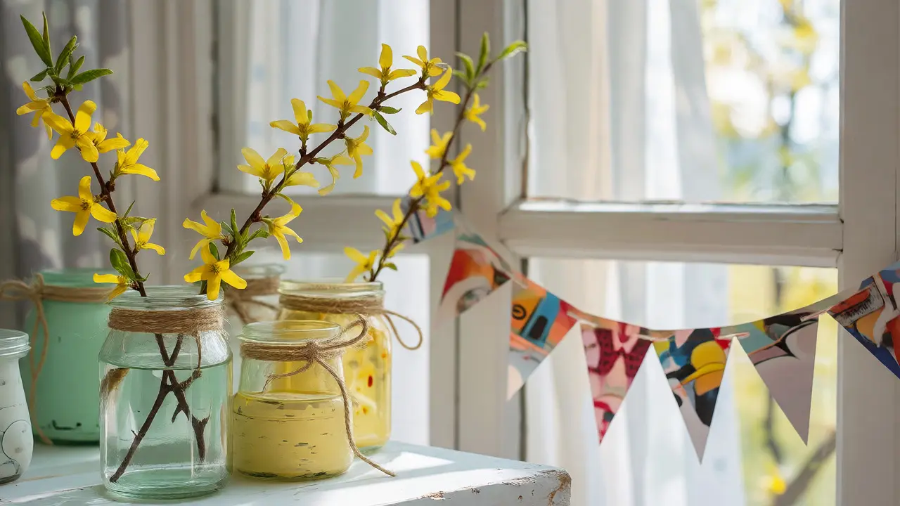 Vases en pots de yaourt repeints et fanions en papier pour une déco de printemps
